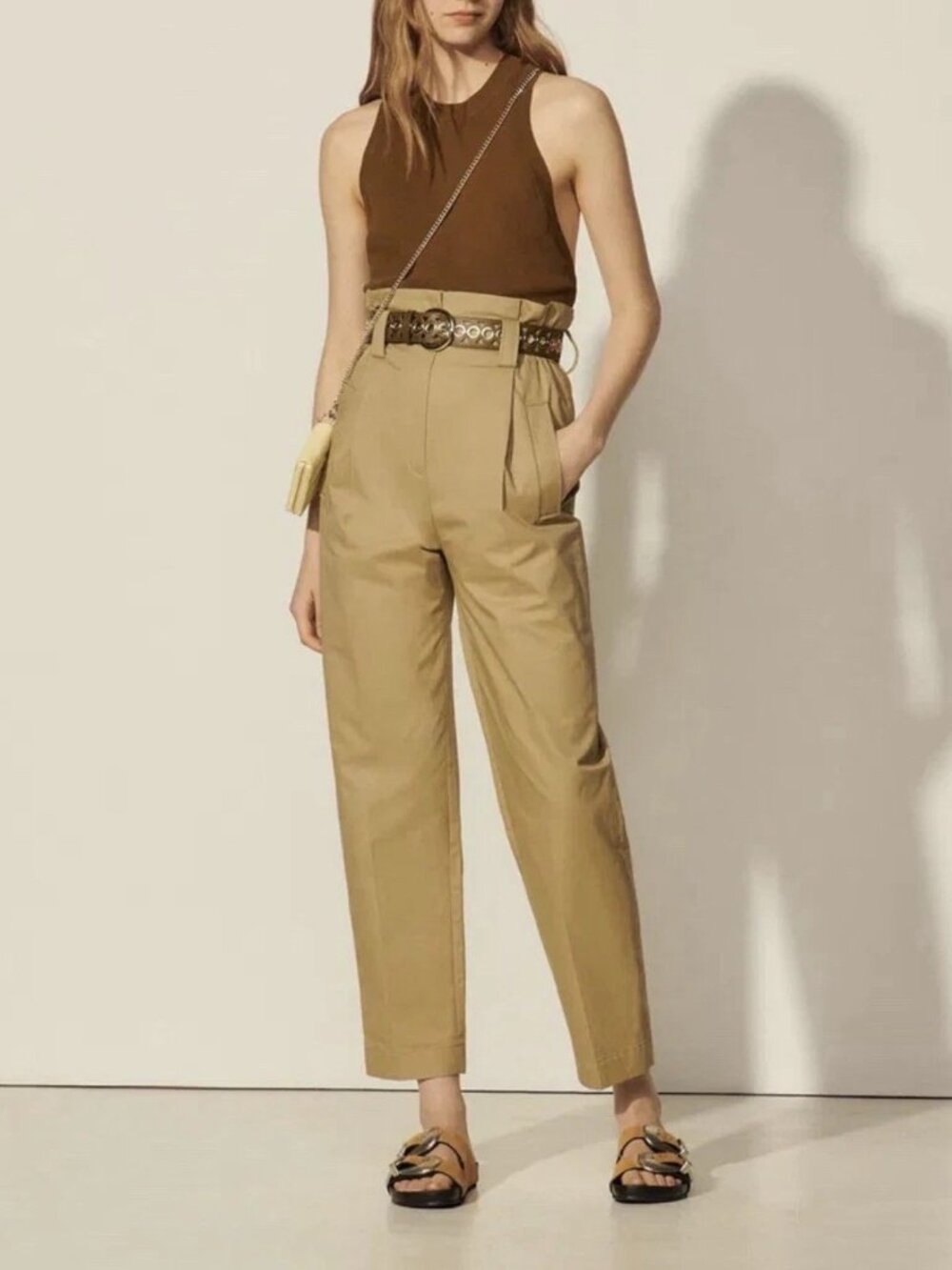 Sandro Orso Cotton Khaki Pleated Extra High Waist Paperbag Pants US10 NWT